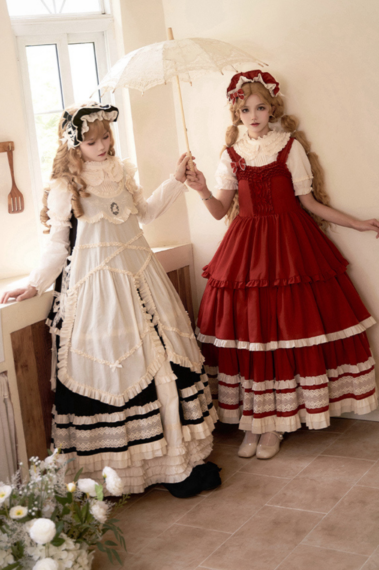Doll Long Tiered Suspender Skirt + Shirt + Sleeves + Apron + Petticoat + Headband + Ribbon + Accessories