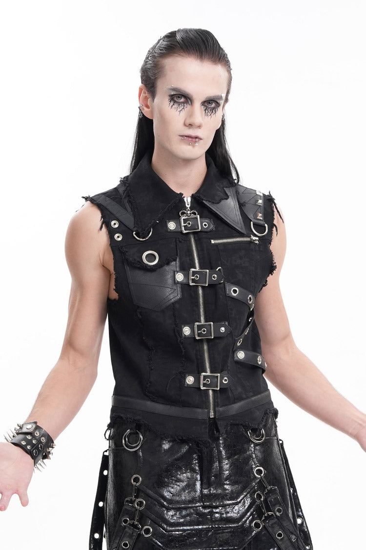 Black Lapel Collar Sleeveless Ripped Buckle Eyelets Gothic Vest