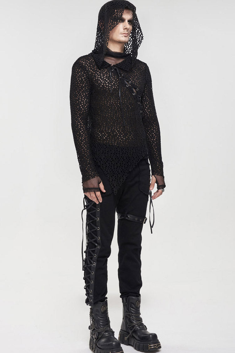 Black Punk Long Sleeve Elasticity Big Hole Mesh Drawstring Design Irregular Hooded Shirt