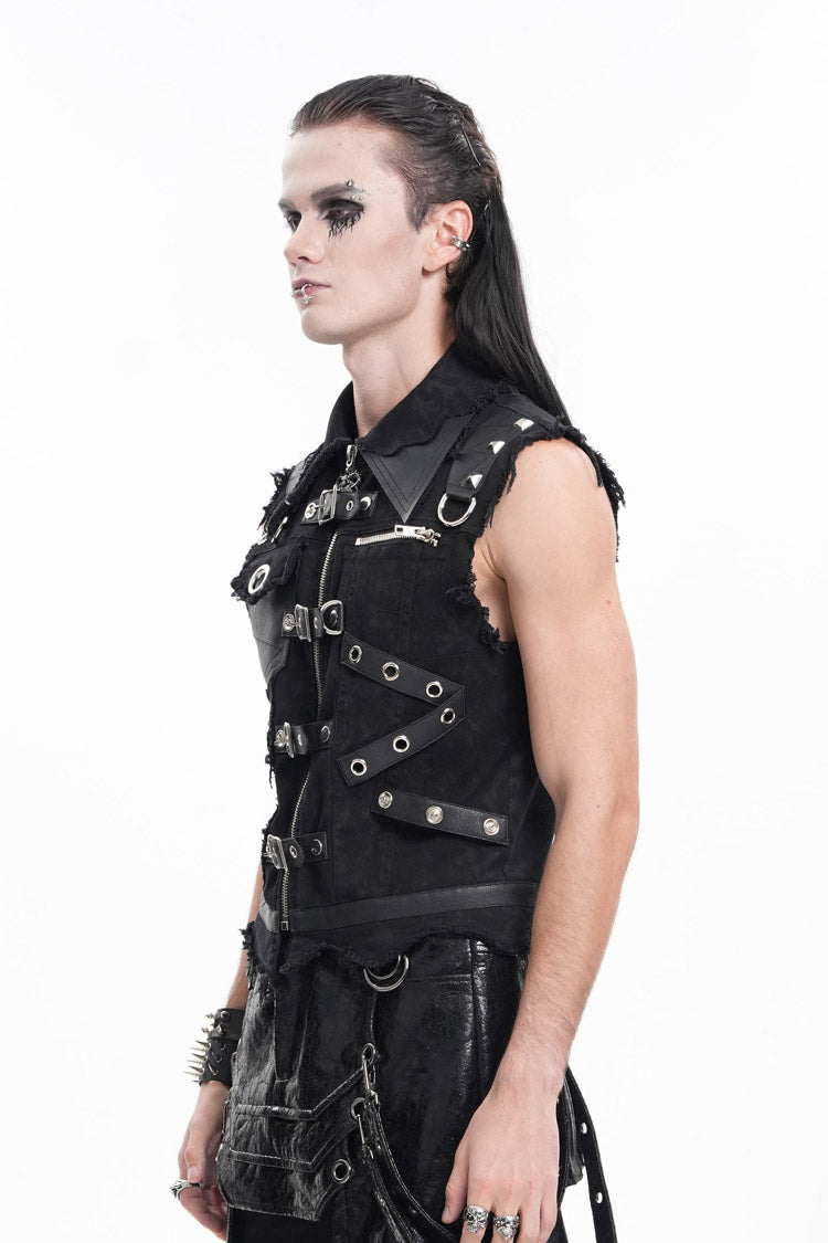 Black Lapel Collar Sleeveless Ripped Buckle Eyelets Gothic Vest