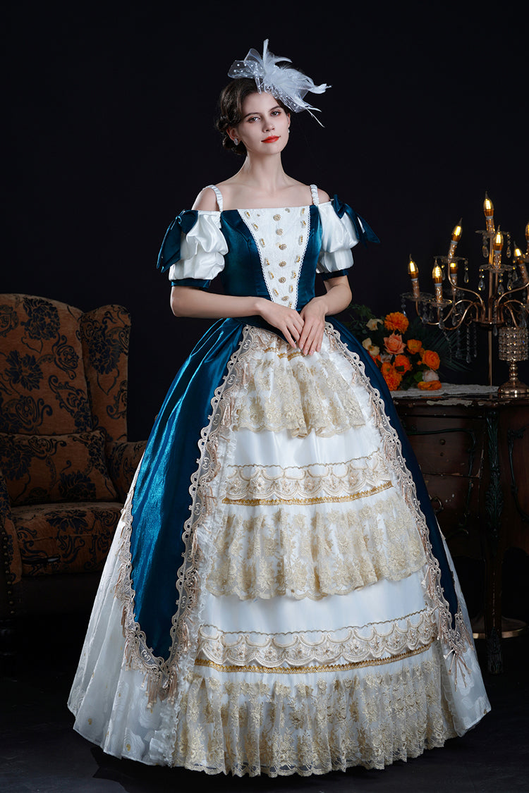 Blue/apricot Off Shoulder Short Sleeves Ruffle Cardigan Bowknot Lace Classic Princess Palace Lolita Victorian Dress