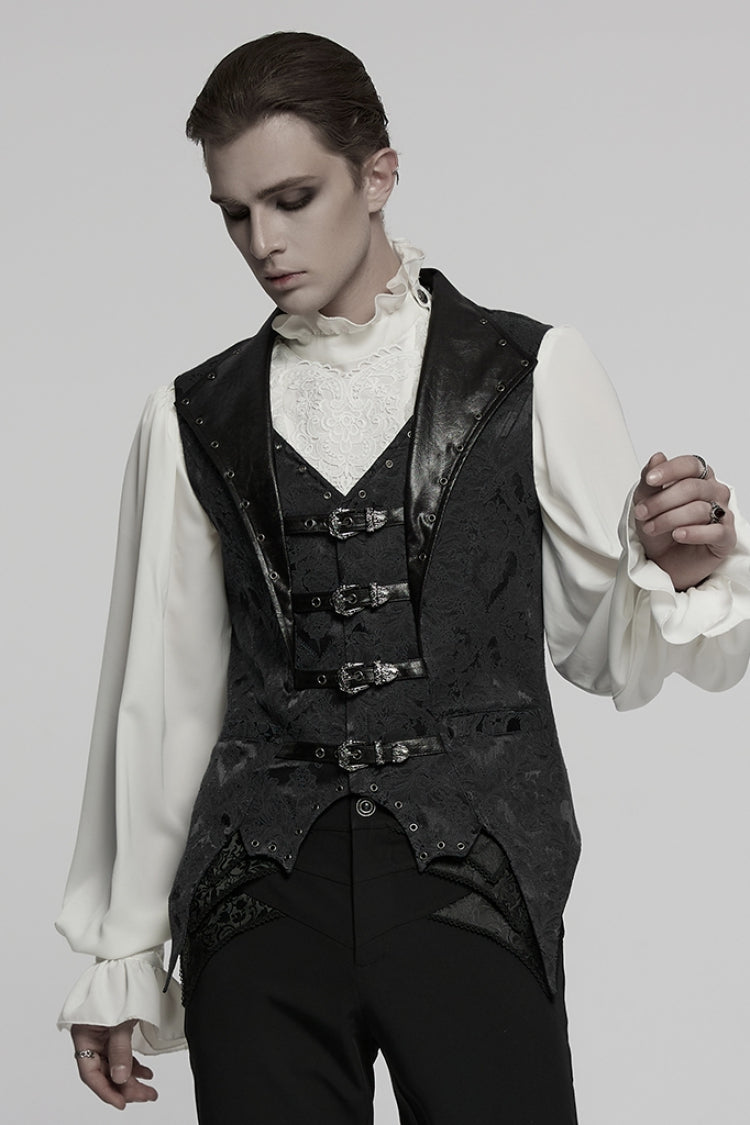 Black Lapel V-neck Sleeveless Jacquard Buckle Gothic Vest