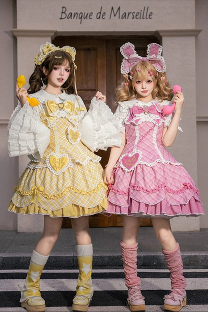 [pre-order Deadline: May 10] Blue/yellow/pink Sweetheart Lolita + Lace Ribbon Jks Dress + Bunny Ear Puff Sleeve Blouse + Bunny Ear Full Set + Cat Ear Full Set