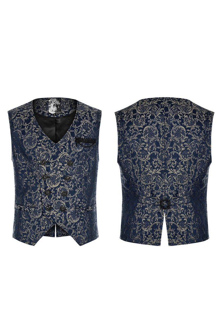 Blue Punk V Neck Asymmetrical Relief Sculpture Jacquard Double Row Hand Seam Button Vest
