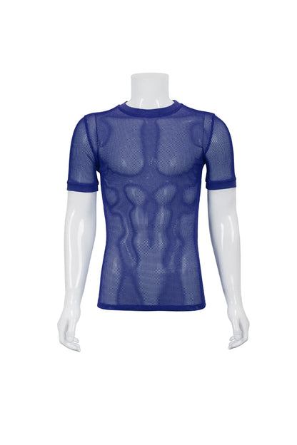Blue Crew Neck Diamond-shaped Net Short Sleeve Gothic T-shirt