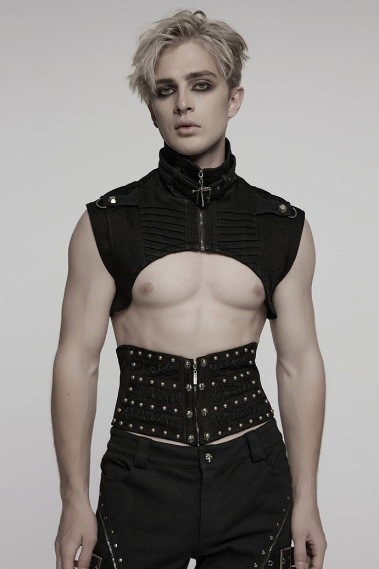 Black Stand Collar Sleeveless Rivet Zipper Punk Cape