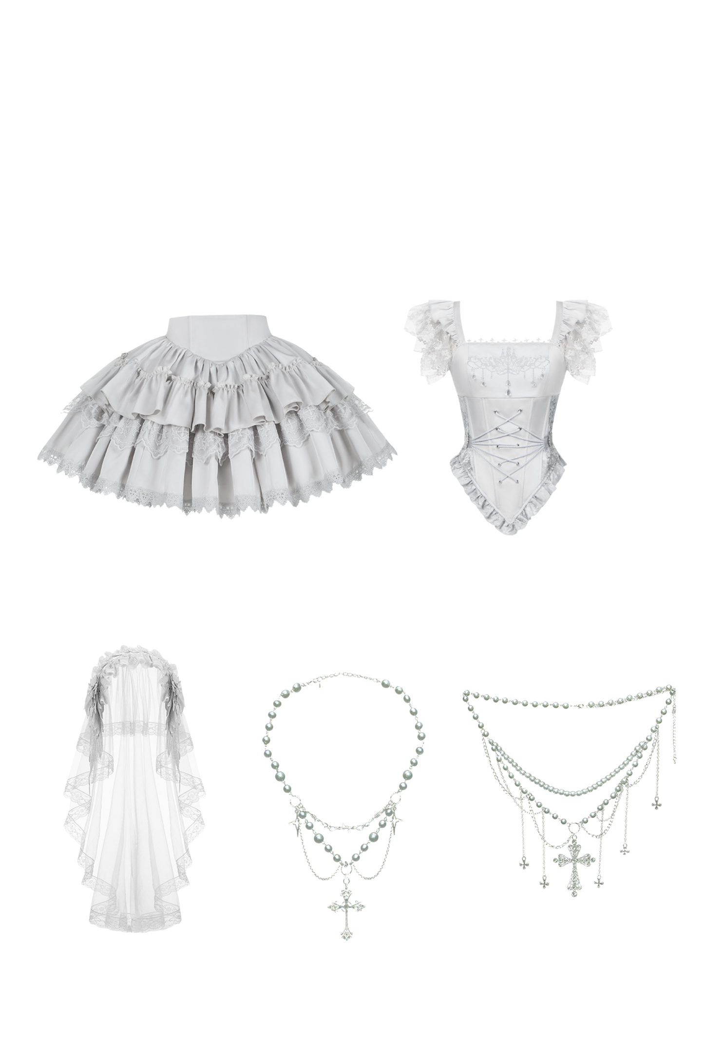 Gothic Lolita Skirt + Corset + Veil + Necklace + Waist Chain