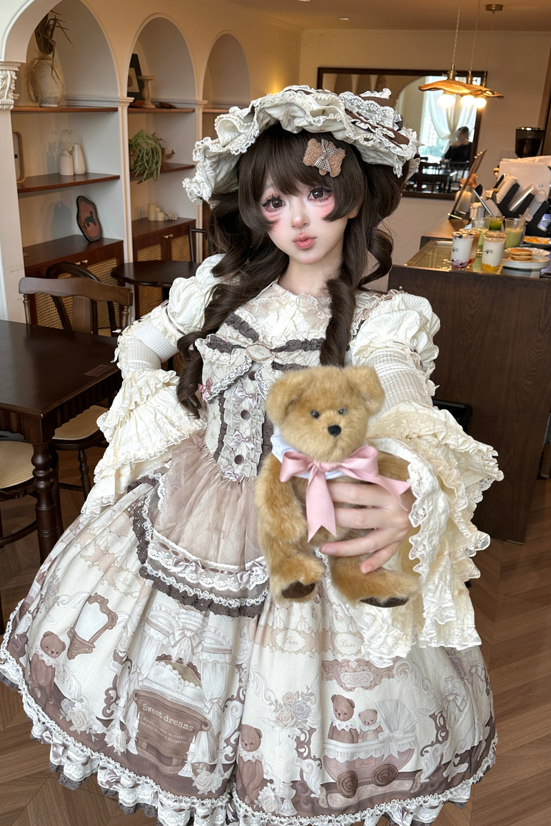 Briana Bear Print Dream Doll Lolita Dress + Jsk + Skirt + Shirt + Petticoat