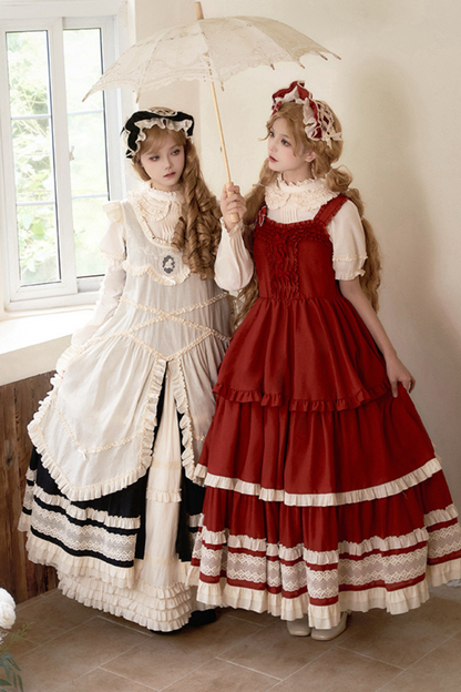 Doll Long Tiered Suspender Skirt + Shirt + Sleeves + Apron + Petticoat + Headband + Ribbon + Accessories