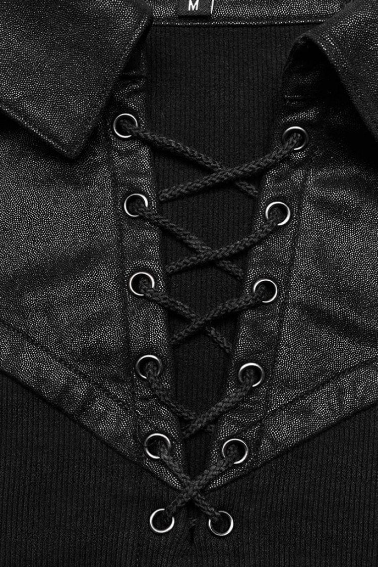 Black Lapel Collar Long Sleeves Stitching Steampunk T-shirt