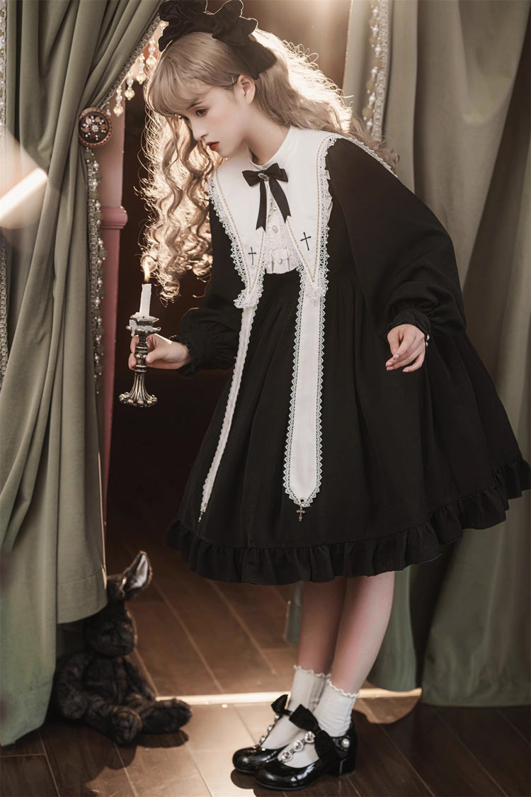 Black Long Sleeves Ruffle Bowknot Classic Gothic Nun Lolita Dress