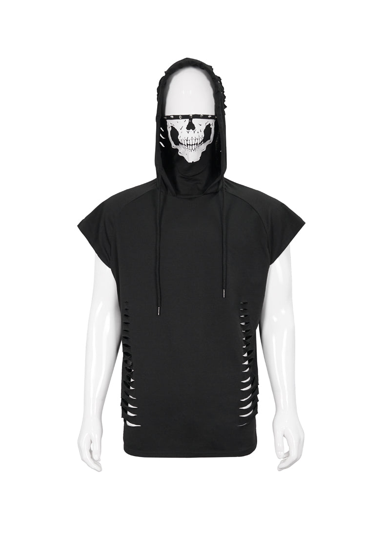 Black Skull Print Super High Neck Masked Rivet Hole Hooded Short Sleeve Punk T-shirt