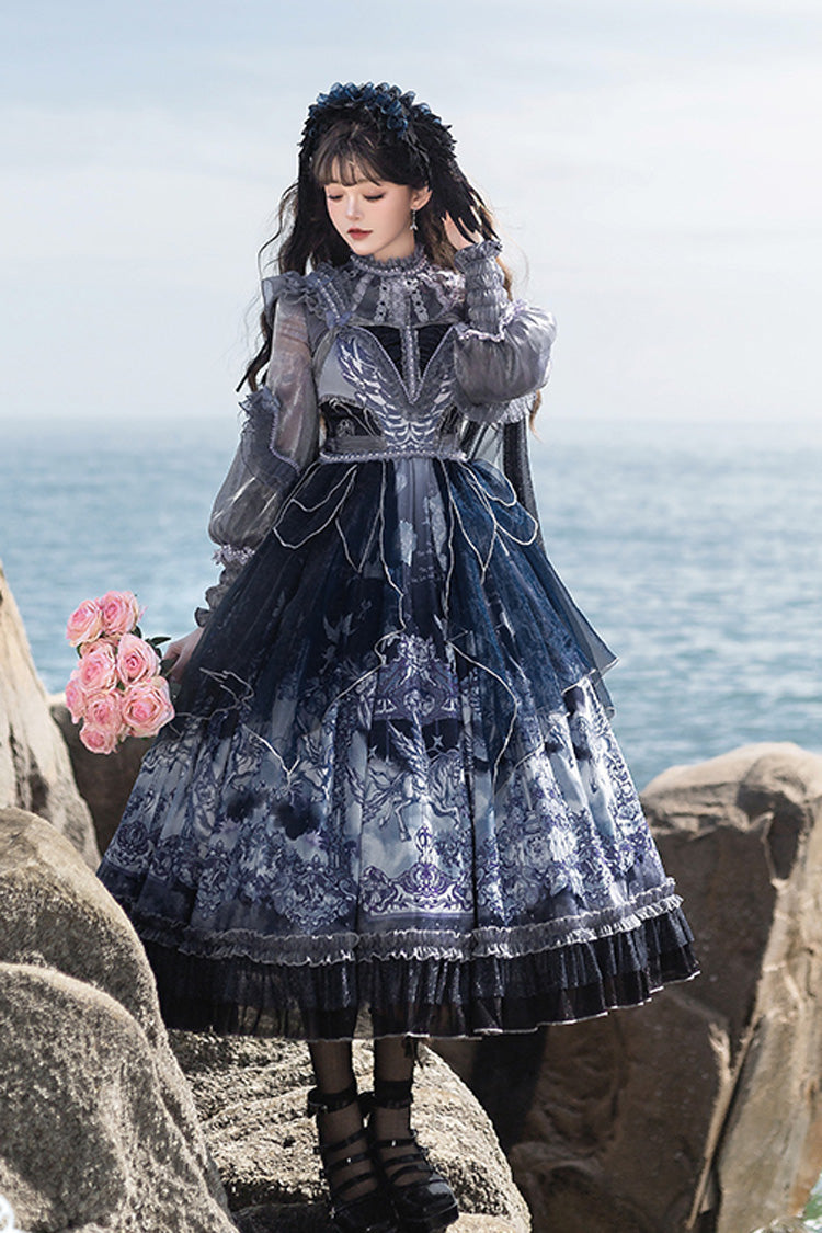 Blue [angel Garden] Print Ruffle Bowknot Asymmetric Classic Lolita Jsk Dress