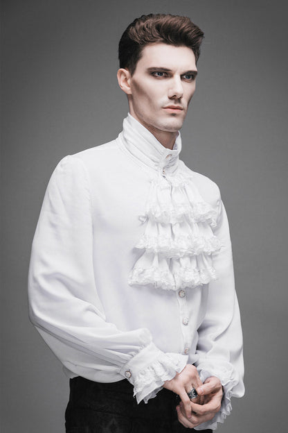 White Ruffled Lace Button-up Micro-bullet Chiffon Long Sleeve Gothic Shirt