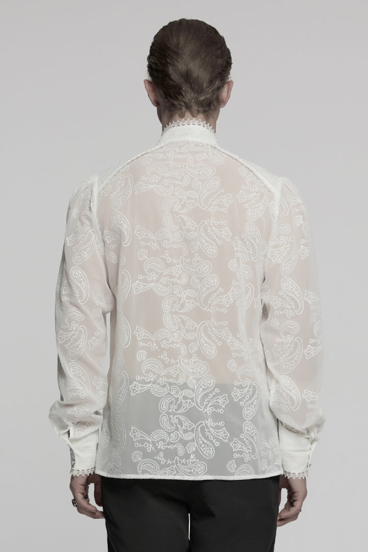 White Stand Collar Chiffon Long Sleeves Hollow Embroidery Gothic Blouse