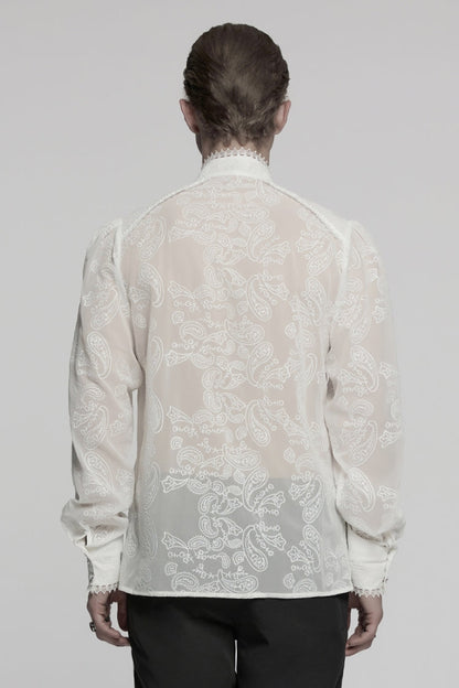 White Stand Collar Chiffon Long Sleeves Hollow Embroidery Gothic Blouse