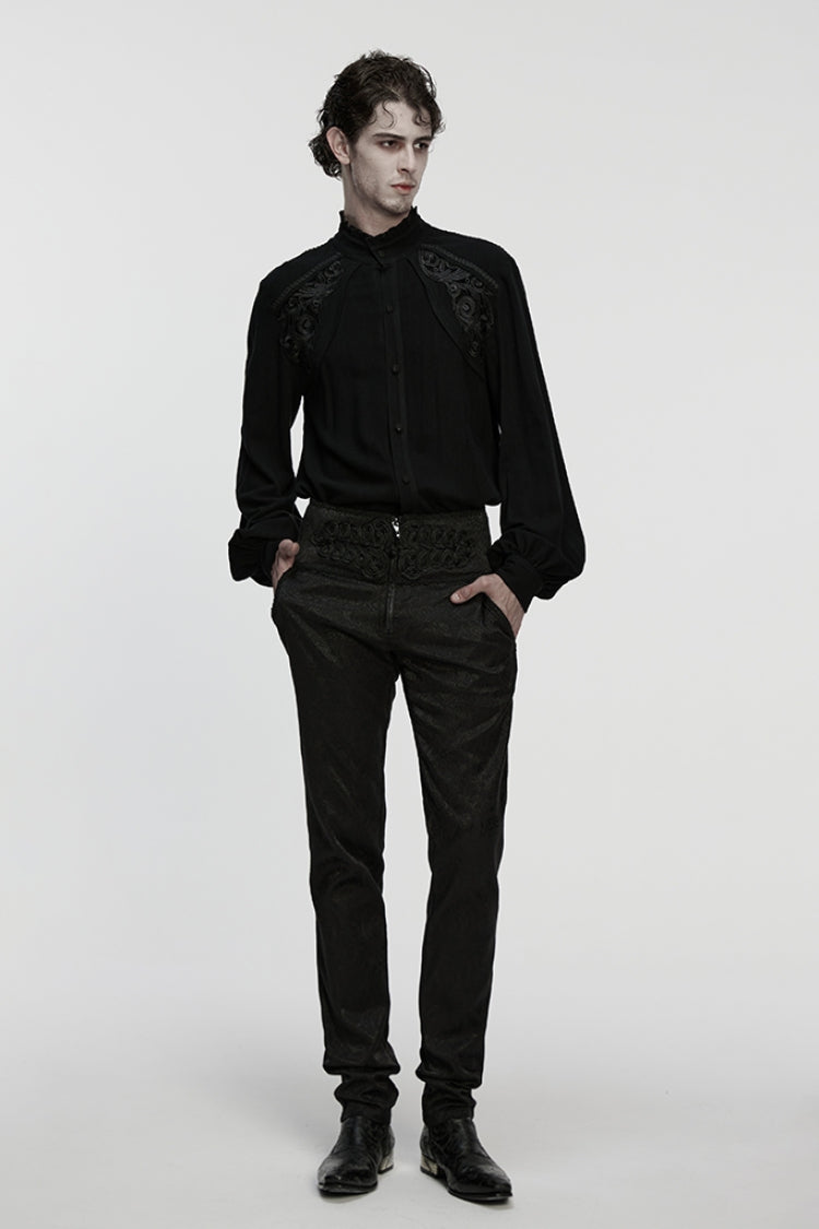 Black Stand Collar Long Lantern Sleeves Jacquard Gothic Blouse