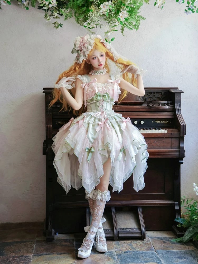 [pre-order Deadline: May 8] Pink X Green/blue X Yellow Fairy Princess Lolita Tulle Lace Bow Layered Dress