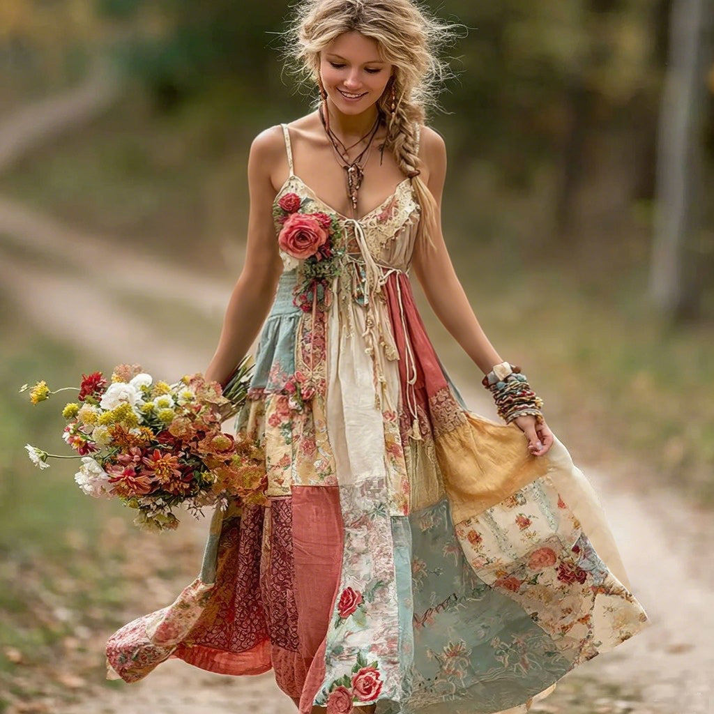 Women's Vintage Boho Floral Art Patchwork Comfy Midi Dress elevenforest
