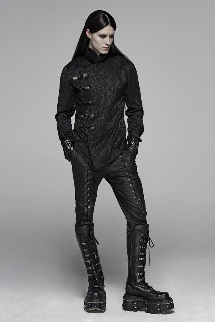 Black Stand Collar Long Sleeves Print Buckle Punk Blouse