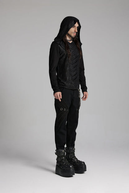 Black V Collar Long Sleeves Hooded Overlaping Mesh Punk T-shirt