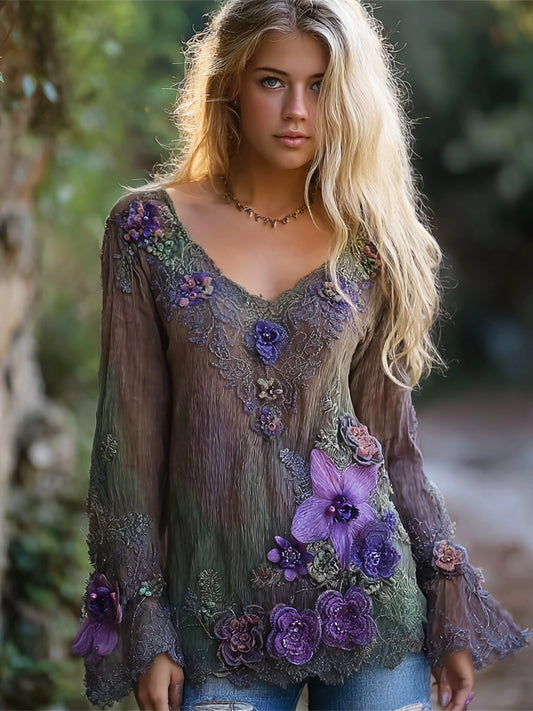 Vintage Floral Embroidery Women's Linen V-neck Shirt elevenforest