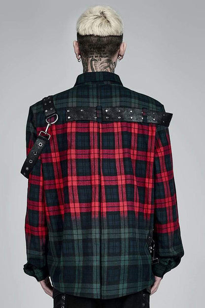 Red/green Punk Plaid Simple Leather Loops Cotton Asticity Shirt
