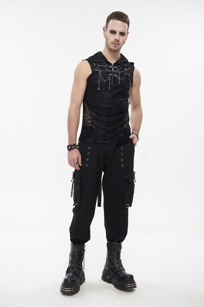 Black Skull Hollowed Out Print Stitched Sleeveless Chain Hoodie Punk Shirt