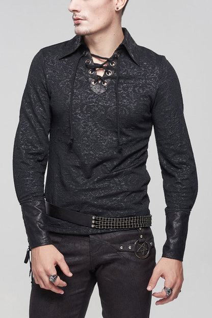 Black Gothic Pattern Decoration Tie Rope Design Knitted Elasticity Pullover Shirt