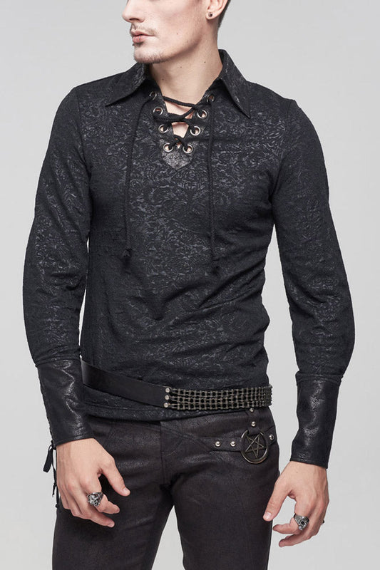 Black Gothic Pattern Decoration Tie Rope Design Knitted Elasticity Pullover Shirt