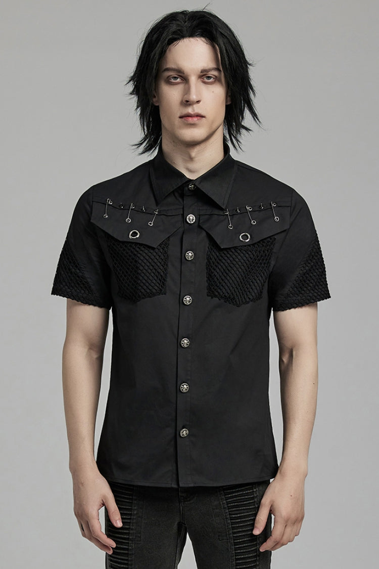 Black Lapel Collar Short Sleeves Mesh Stitching Punk Blouse