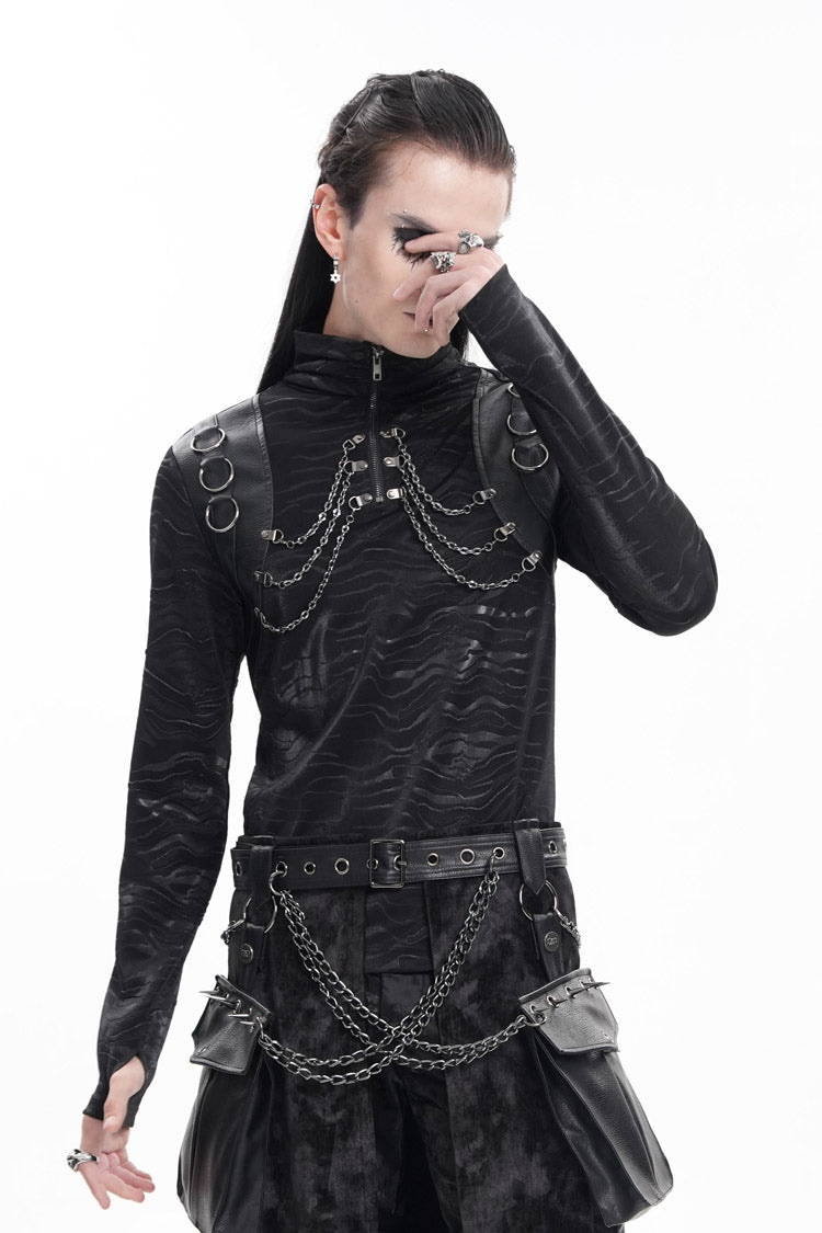 Black Chain Rings Stand Collar Long Sleeves Gothic T-shirt