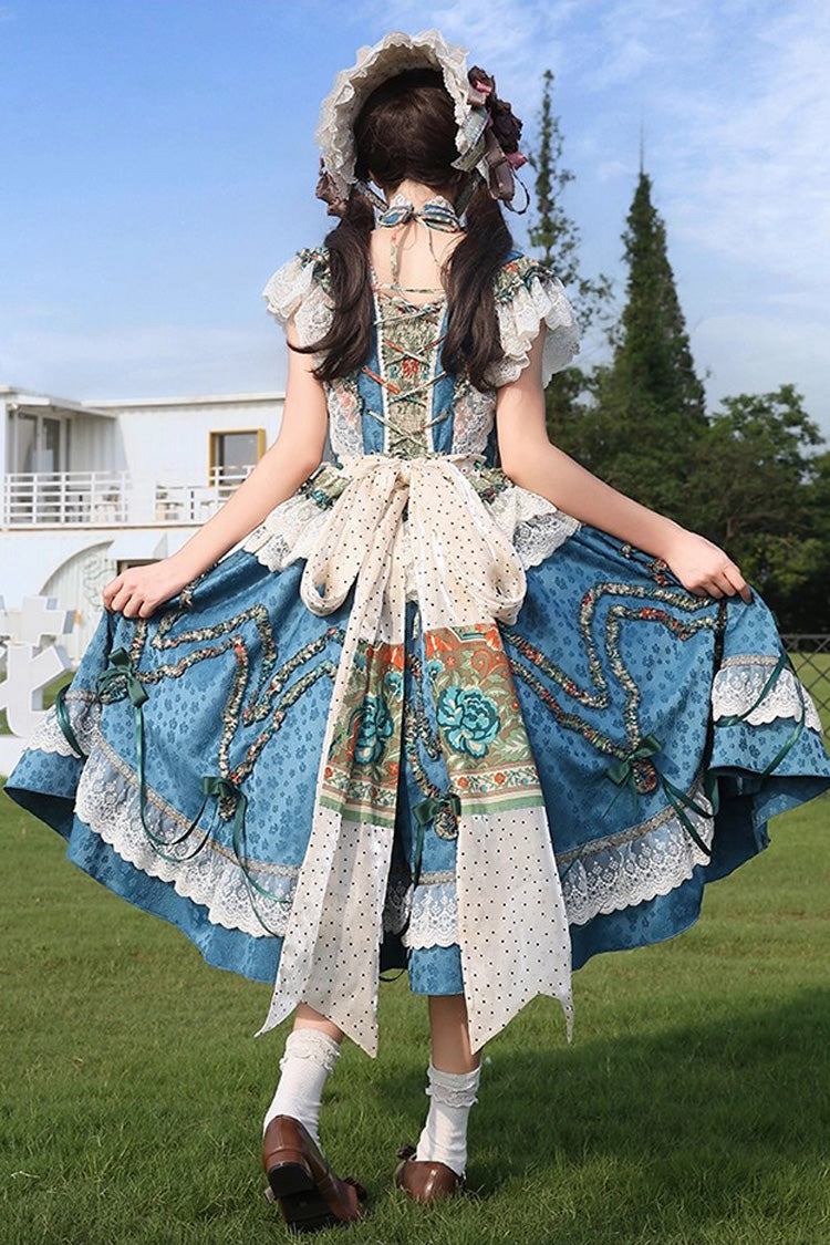 Blue [lake Monet] Sleeveless High Waisted Print Ruffle Cardigan Bowknot Lace-up Classic Princess Lolita Jsk Dress