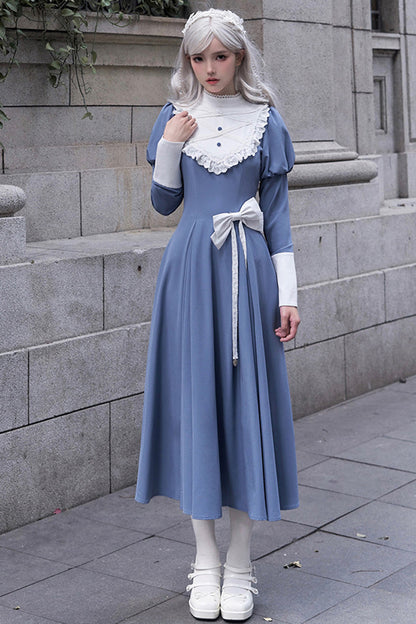 Blue Nun Style Stand Collar Long Sleeves Ruffle Bowknot Classic Lolita Dress