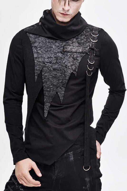 Black Worn Out Cross Shaped Hasp High Collar Asymmetric Hem Punk T-shirt