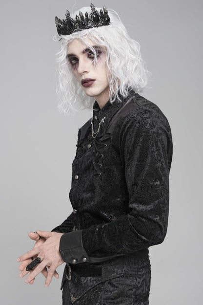 Black Lapel Collar Long Sleeves Print Embroidery Lace-up Gothic Blouse
