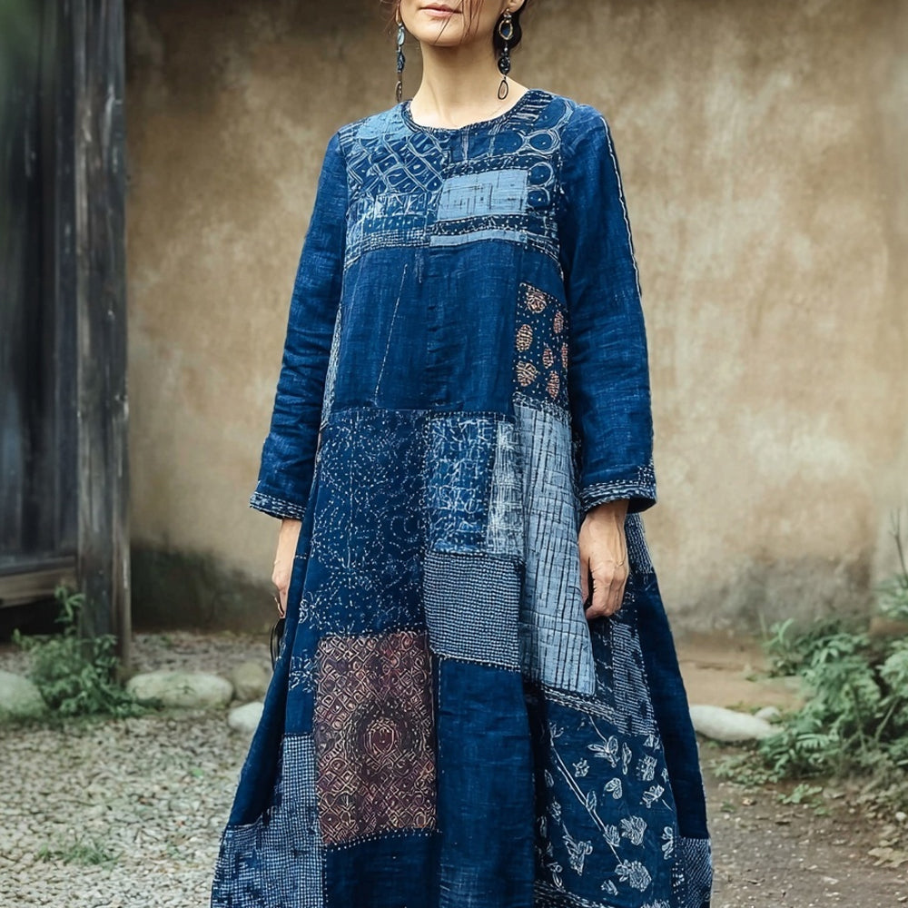 Comstylish Vintage Japanese Sashiko Art Round Neck Maxi Dress