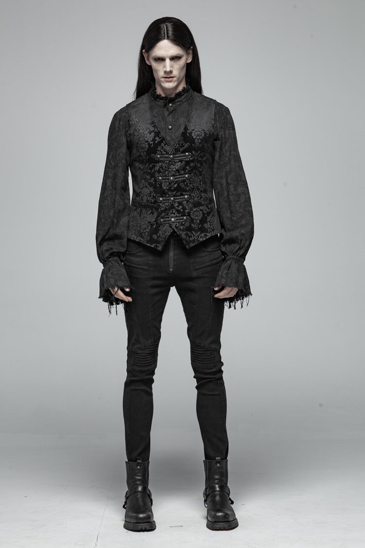 Black Retro Jacquard Front Woven Strap Metal Button Gothic Vest