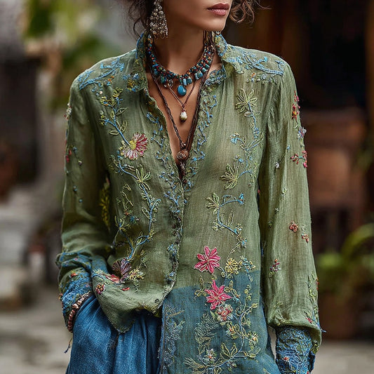 Women's Vintage Floral Embroidered Casual Shirt elevenforest