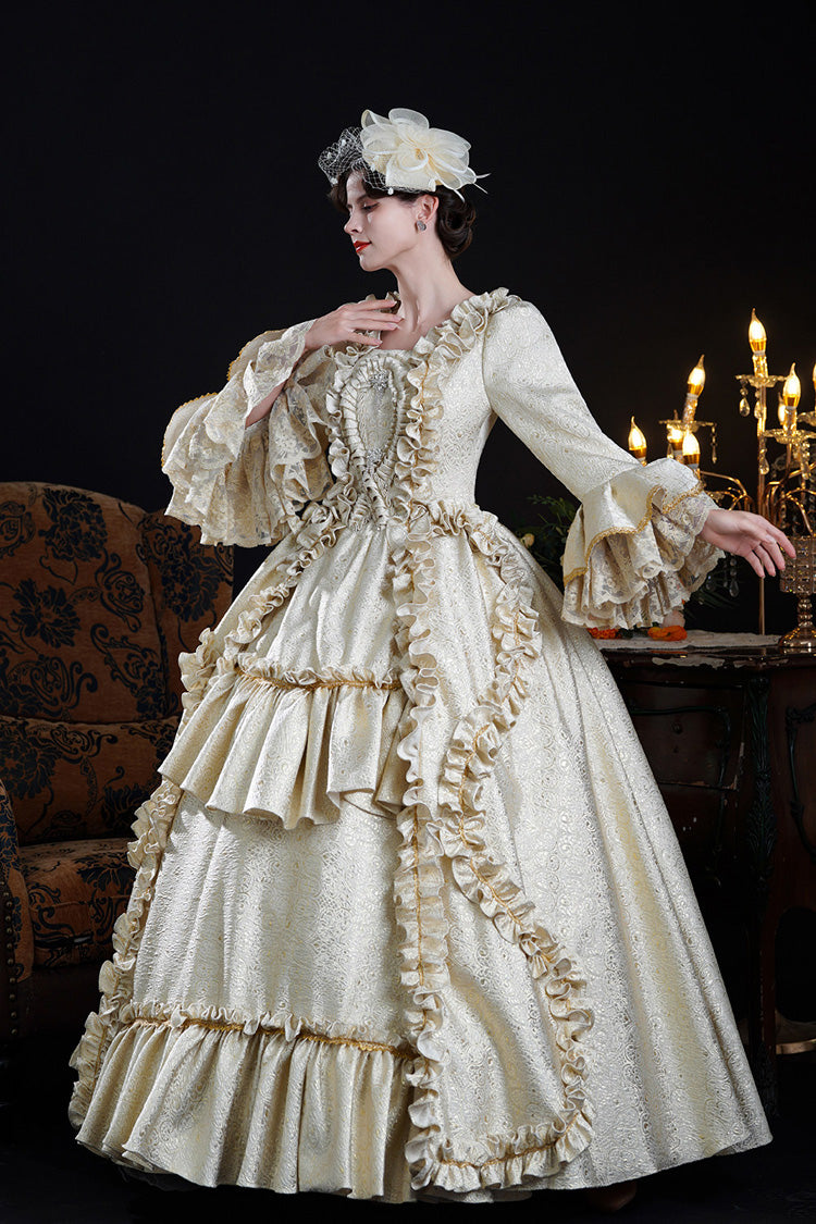 Champagne Square Collar Long Trumpet Sleeves Double-layered Ruffled Open-front Classic Palace Lolita Victorian Dress