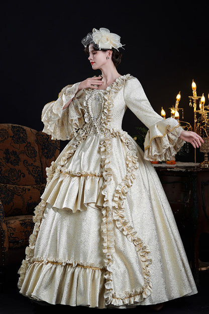 Champagne Square Collar Long Trumpet Sleeves Double-layered Ruffled Open-front Classic Palace Lolita Victorian Dress