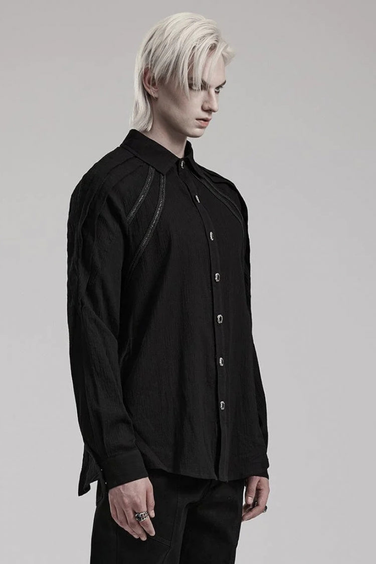 Black Lapel Collar Long Sleeves Metal Buttons Webbing Decoration Gothic Blouse