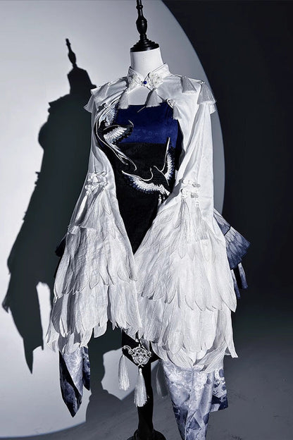 Dark Blue [feathered Finch] Multi-layered Print Ruffle Classic Chinese Style Lolita Jsk Dress Set