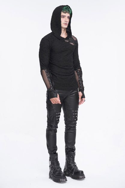 Black Lace Up Mesh Splice Long Sleeve Punk Hoodies