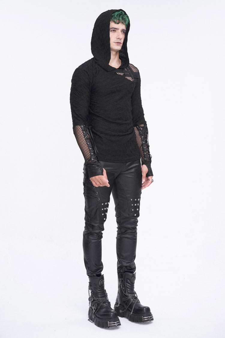 Black Lace Up Mesh Splice Long Sleeve Punk Hoodies