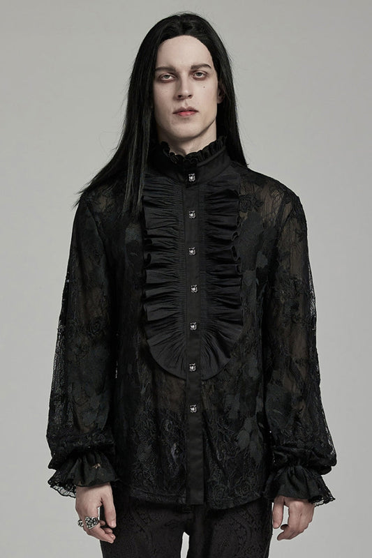 Black Stand Collar Lantern Sleeves Print Ruffle Lace Gothic Blouse
