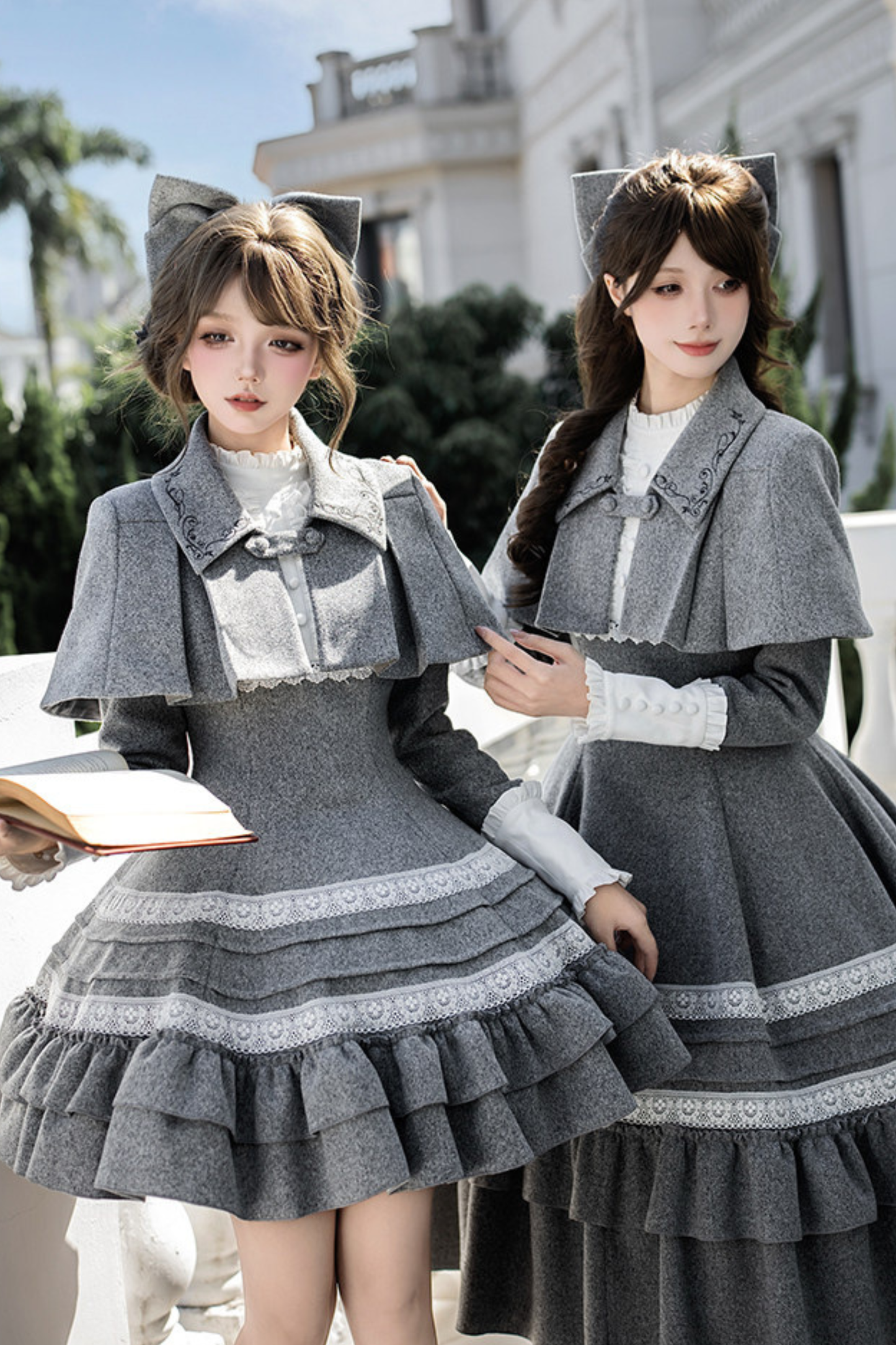 Ruffled Cape Coat + Dress + Hair Accessories + Brooch