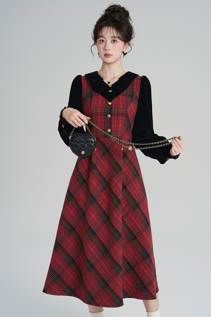 Red Retro Check Tweed Dress