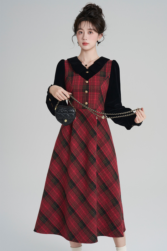 Red Retro Check Tweed Dress