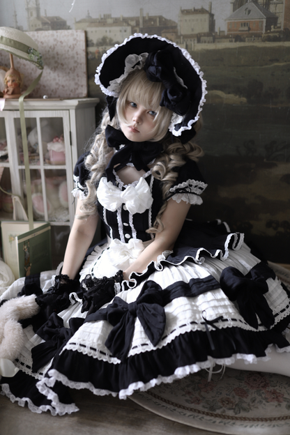 Monochrome Doll Lolita Dress + Headband + Bonnet + Clip